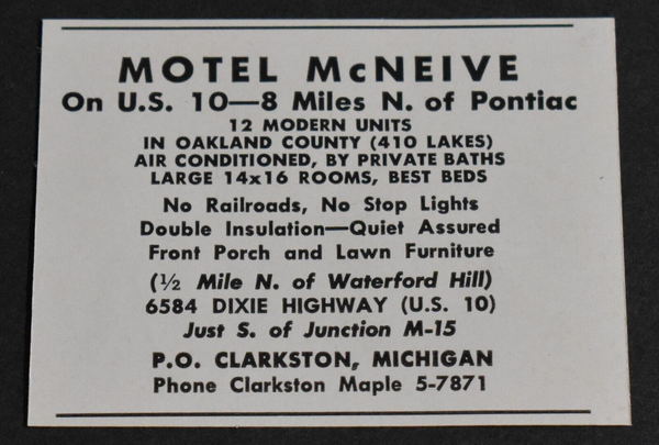 Motel McNeive (Oakland Motel) - 1954 Print Ad